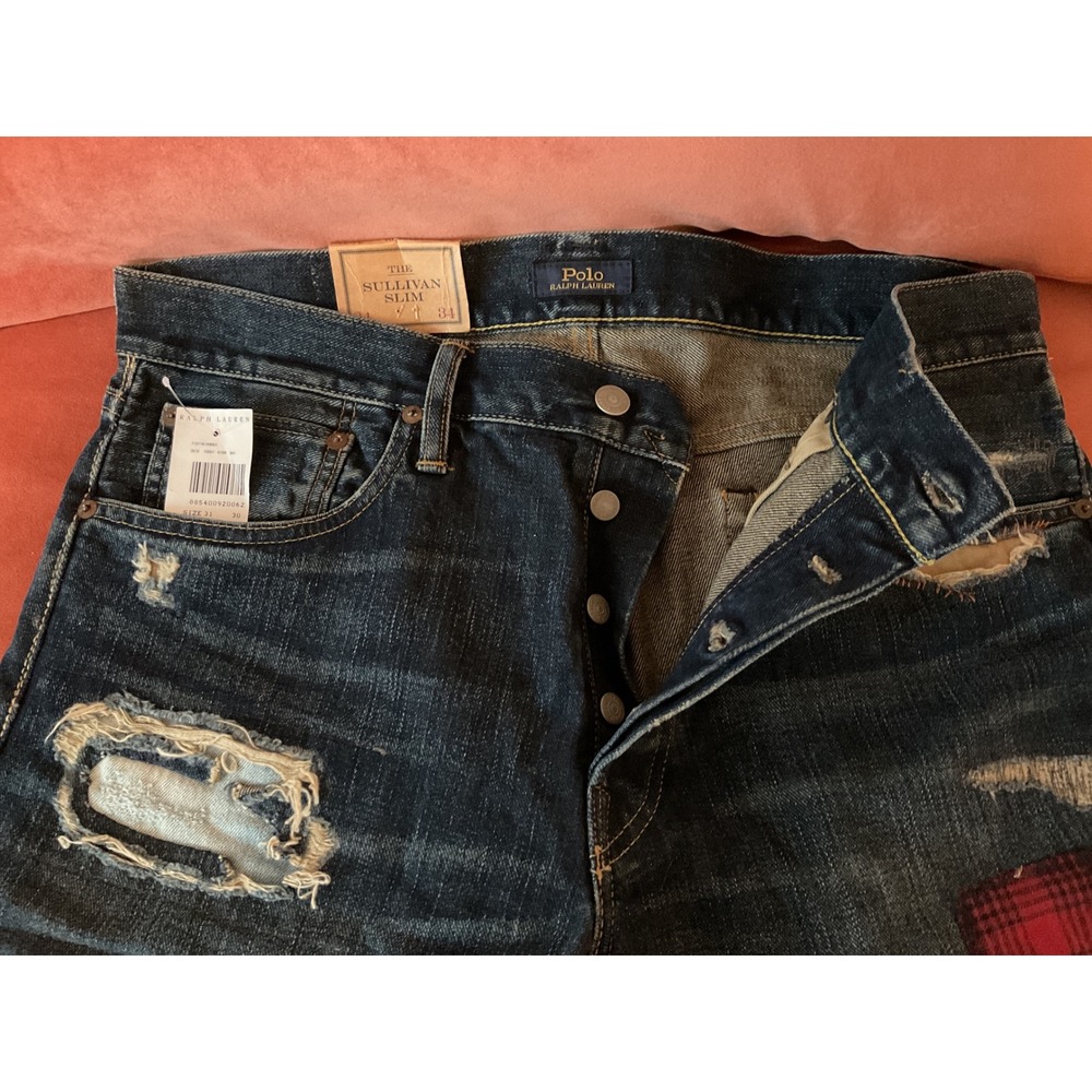 Polo Ralph Lauren Sullivan Slim Distressed Patchwork Jeans Dark Wash 34x34 NEW